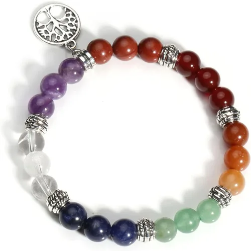 Miniatura 18 de Eigso Pulsera elástica de piedra de cristal de meditación curativa de 7 chakras para mujer con símbolo de loto, yoga, árbol, OM