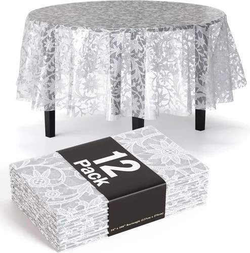 Exquisite Mantel de Mesa de Encaje Redondo de Mesa de Plástico Paquete de 12 Manteles de Encaje Redondos de 84 pulgadas | Mantel Floral Blanco