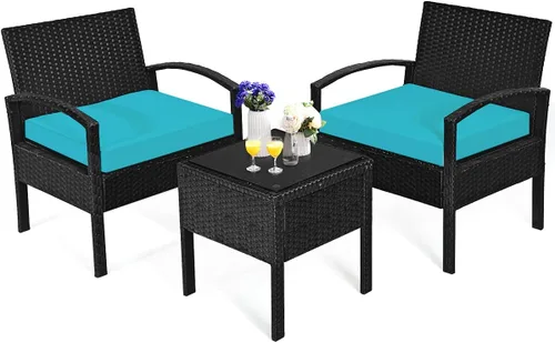 Miniatura 10 de HAPPYGRILL Juego de 3 piezas de conversación para patio, juego de mimbre de ratán al aire libre con mesa de centro para jardín, balcón y patio Rojo