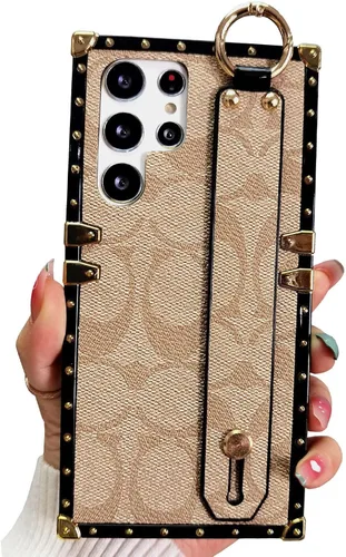 Funda de cuero de lujo para Samsung Galaxy S22 Ultra con correa para pulsera, anticaídas, funda protectora de diseñador compatible con Samsung S22