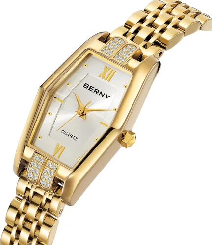 Miniatura 2 de BERNY Relojes de oro para mujer, delicado hexágono, reloj de pulsera de cuarzo para mujer, correa de acero inoxidable, reloj analógico de moda
