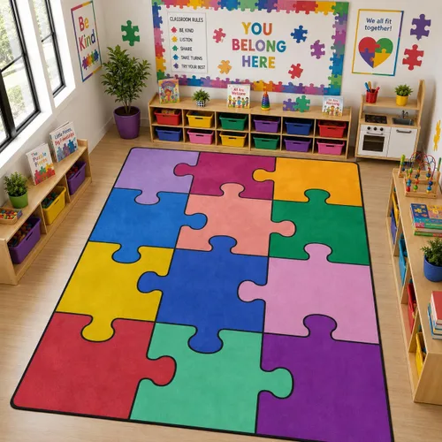 Miniatura 34 de Alfombras de juego para aula, alfombra de 5 x 7 pies para niños con parte trasera de goma, círculo colorido sobre fondo azul, alfombra de juego