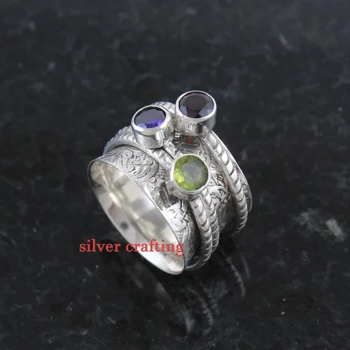 Miniatura 3 de Anillo giratorio de plata de ley con piedra preciosa de peridoto y granate