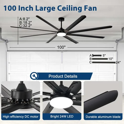 Miniatura 7 de Ventilador de Techo Grande con Luz: Ventilador Exterior de 100 Pulgadas - Ventilador de Techo Industrial con Control Remoto para Taller, Garaje