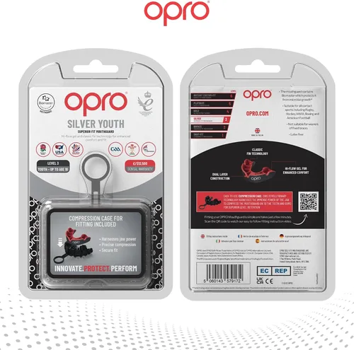 Miniatura 7 de OPRO Protector bucal moldeable de nivel plateado, ajuste esencial (negro/rojo) para niños y jóvenes, protector bucal de boxeo para artes marciales