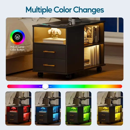 Miniatura 8 de WOOVIVS - Mesita de noche con estación de carga, mesa auxiliar con luces LED, mesa auxiliar inteligente con mesa giratoria ajustable/cajón