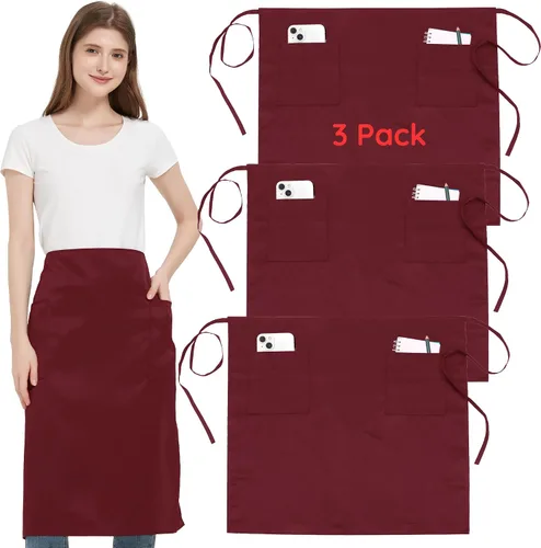 Miniatura 17 de Paquete de 3 delantales de cintura con 3 bolsillos, delantales de camarero unisex negros, delantales resistentes al agua para restaurante, chef y bar