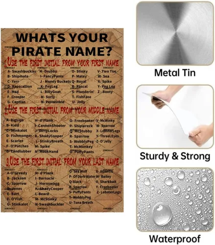 Miniatura 3 de EMOHAT Cartel de metal con texto en inglés "What is your pirate name" (What is your pirate name), cartel de metal para habitación, porche, cocina