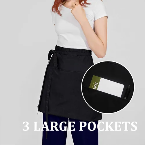 Miniatura 2 de Hi loyaya Delantal de camarera para mujeres y hombres, juego de 6 delantales negros de media cintura con bolsillos para chef, camarero, servidor