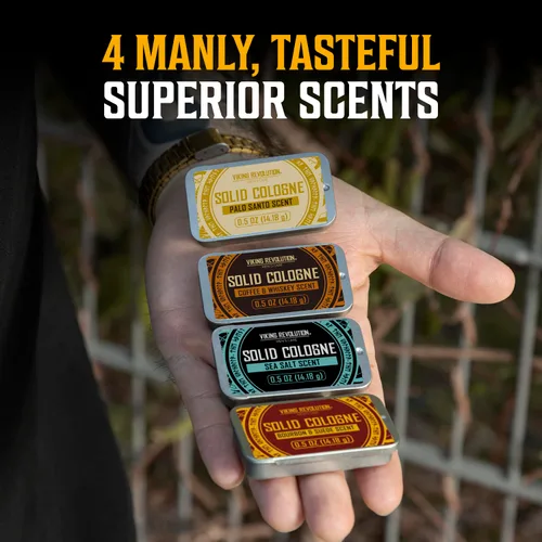 Miniatura 6 de Viking Revolution Paquete de 4 colonia sólida para hombre, juego de regalo de colonia para hombre, incluye café y whisky, Palo Santo, sal marina