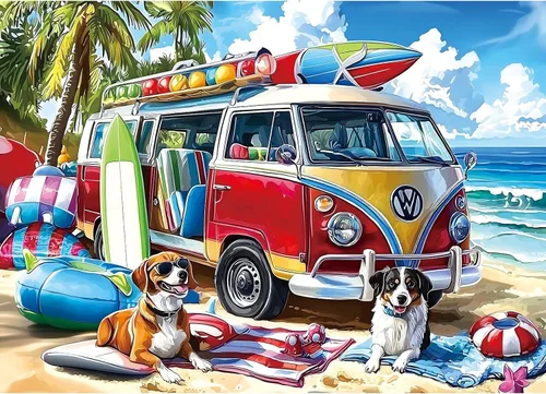 Rompecabezas de 1000 piezas para adultos, camioneta de playa de verano con tema de perros, 27.56 x 19.69 pulgadas, alivio del estrés y decoración