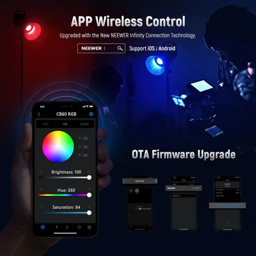 Miniatura 3 de NEEWER CB60 RGB 70W Luz de Video LED con Control de Aplicación, Montura Bowens Salida Continua de Color Completo 18000Lux/1m CCT 2700K-6500K CRI97+