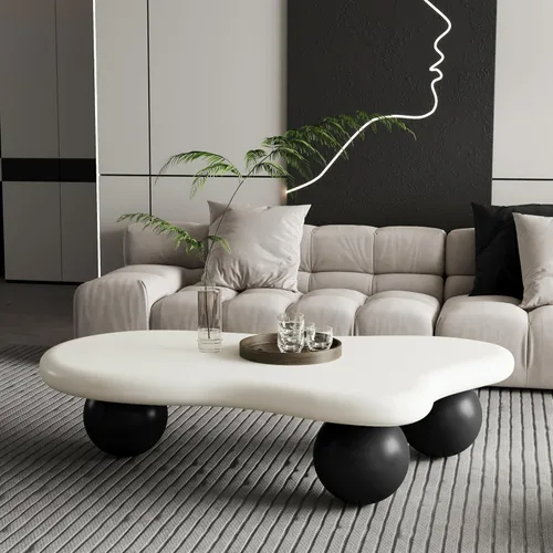 Miniatura 9 de Mesa de centro moderna de 35 pulgadas, con forma de pétalo, mesa de centro baja, linda mesa de té irregular para interiores con 3 patas de bola