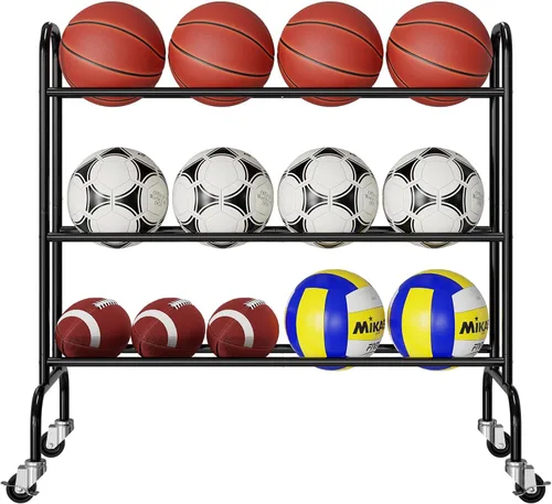 Basketball Rack, Rolling Sport Equipment Holder Ball Storage Cart for Basketball, Football and Soccer, Suitable for Indoor and Outdoor, Black