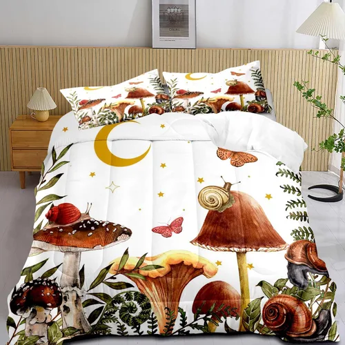 Miniatura 12 de LUVIVIHOME Juego de edredón de 2 piezas de hongos trippy rojos, tamaño individual, ropa de cama para niños y niñas, plantas botánicas verdes