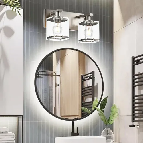 Miniatura 2 de Iluminación de aplique de pared de 2 luces con base de bombilla E26, lámpara de tocador de baño moderna de níquel cepillado para sobre espejo