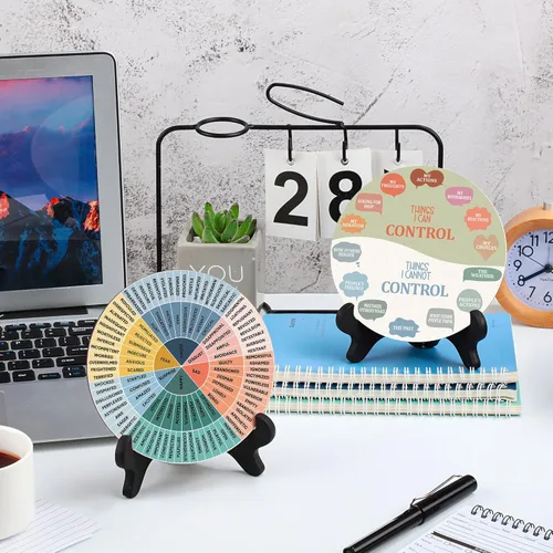 Miniatura 5 de 2 piezas de decoración para escritorio de oficina de terapia de rueda de sentimientos, cosas que puedo controlar, gráfico doble cara de emociones