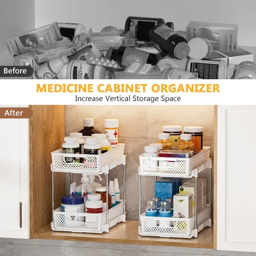 Miniatura 4 de DABIGE Paquete de 2 organizadores de baño extraíbles y almacenamiento, organizador de almacenamiento apilable de 2 niveles para baño, gabinete