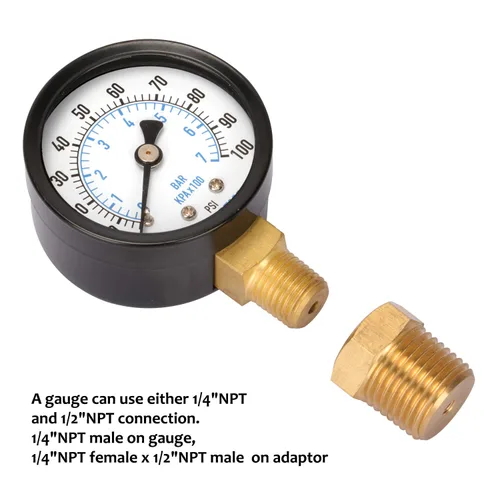 Miniatura 4 de MEASUREMAN Medidor de presión de pozo de 2 pulgadas, 0-100 psi/bar, macho NPT de 1/4 pulgadas con adaptador NPT de 1/2 pulgadas, precisión de 3-2-3%