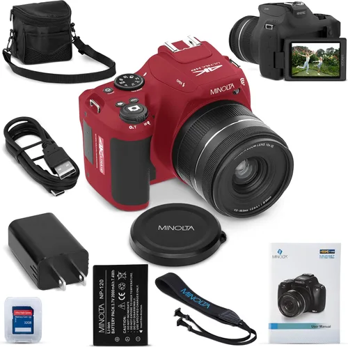 Minolta ProShot - Cámara digital de 64 MP – Zoom óptico de 10x, video 4K Ultra HD, disparo macro, anti-vibración, pantalla LCD de 3 pulgadas, Rojo
