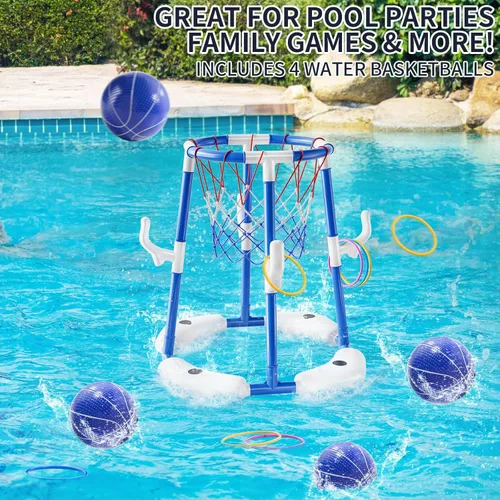 Miniatura 3 de NIPLOOOW Aro de baloncesto para piscina, juego de anillos flotantes 2 en 1 con 4 bolas y bomba, piscina al aire libre, juegos de baloncesto, juguete