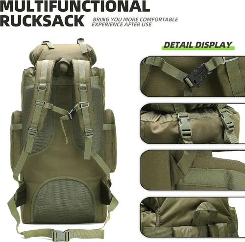 Miniatura 5 de Mochila de senderismo para acampar de 100L, mochila táctica militar Molle, mochila de senderismo ligera impermeable, Verde militar, Grande