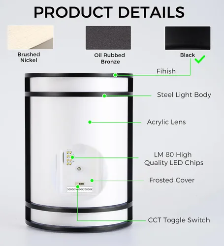 Miniatura 2 de CLOUDY BAY Aplique de pared LED de 3 colores, iluminación de pared, 3000 K/4000 K/5000 K, lámpara de pared ajustable de temperatura de color, 15 W
