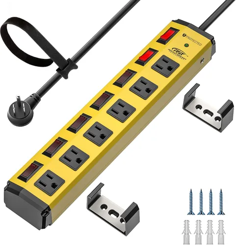 Miniatura 10 de CRST Regleta de alimentación de metal de 6 tomas con interruptores individuales, protector contra sobretensiones montable para garaje, taller