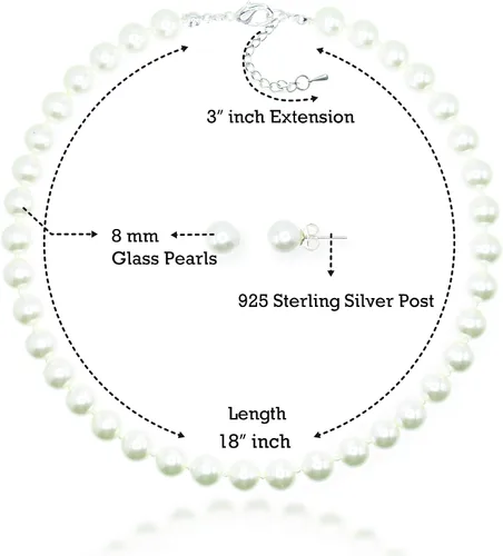 Miniatura 4 de JIBSA 8mm Round Simulated Shell Pearl Necklace Sterling Silver Stud Earring Set - Wedding Bridal Tea Party Jewelry for Women Girls