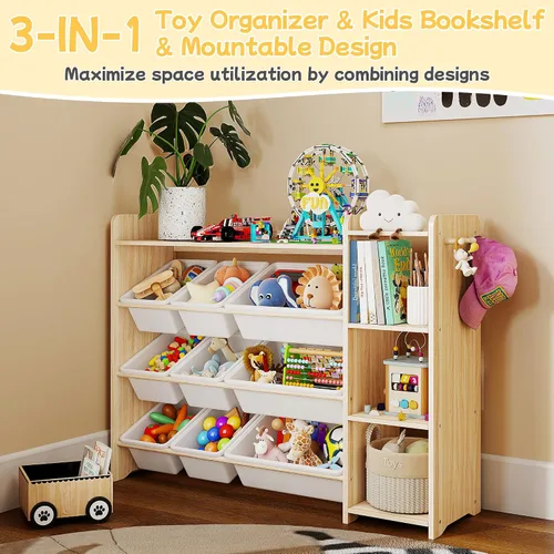 Miniatura 3 de GITAWUSA Organizador de almacenamiento de juguetes para niños, estante de madera con 3 niveles y 9 contenedores de almacenamiento, organizador