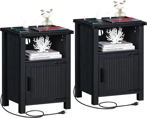 Miniatura 11 de Joaxswe Mesita de noche rústica de 18 pulgadas con estación de carga y puerto USB, mesa auxiliar rústica para sofá con puerta magnética, mesas Negro