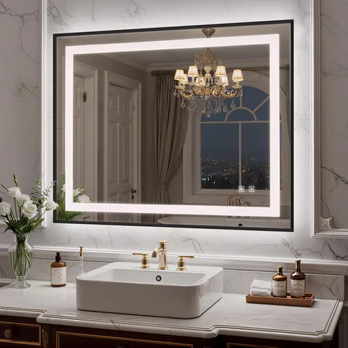 Miniatura 28 de Espejo de baño LED de 24 x 32 pulgadas con luces, espejo de tocador de baño con marco negro con luz frontal + retroiluminación para pared, vidrio