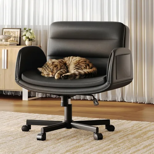 Silla cruzada con brazos abatibles y ruedas giratorias, silla de tocador con altura ajustable y bolsillos laterales, cómodo asiento ancho Negro
