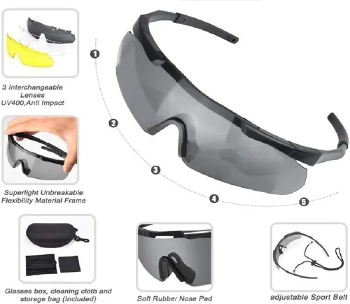 Miniatura 8 de GALAXYLENSE ICE - Gafas tácticas de combate para hombres, gafas de disparo, gafas de caza, lentes de repuesto de 3 colores Negro
