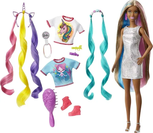 Muñeca Barbie Cabello de Fantasía y Accesorios, Cabello Largo Colorido Castaño con Ropa Inspirada en Sirena y Unicornio