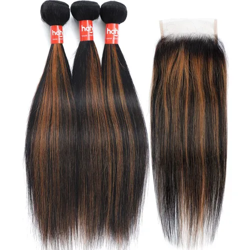 Miniatura 2 de Extensiones de cabello humano marrón con reflejos de Haha con cierre, extensiones lisas con cierre ombre, extensiones de cabello humano con cierre