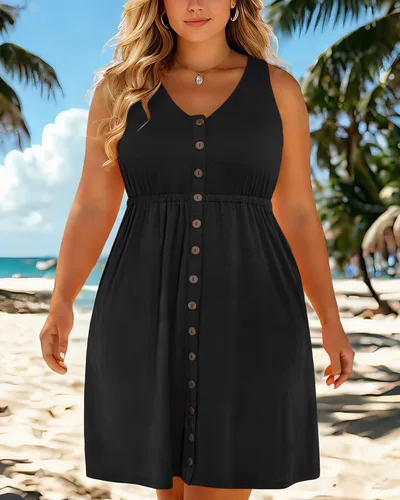 Miniatura 22 de Holipick Vestidos de verano para mujer, talla grande, casual, con bolsillos, acampanado, con botones, sin mangas, cuello en V