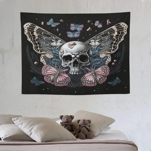 Naykow Tapiz de calavera y mariposa, tapiz rosa trippy negro, tapiz de bruja gótica para dormitorio, decoración de habitación hippie de mariposa (40