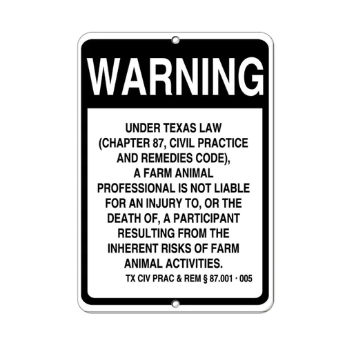 Letrero de metal vertical de aluminio, varios tamaños, Texas Law Farm Animal Profesional Not Liable Injury Death State Right con borde resistente a
