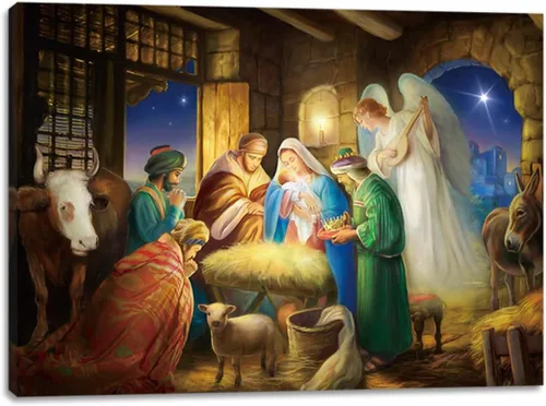 alottagifts Impresión de Arte en Lienzo Iluminado de la Natividad para Pared 16" x 12" Con Temporizador | Impresión de Arte en Lienzo LED para Pared