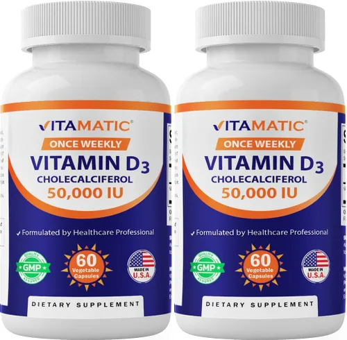 Vitamatic Paquete de 2 Vitamina D3 de 50,000 UI (como colecalciferol), dosis semanal, 1250 mcg, 60 cápsulas vegetales de suministro de 1 año,