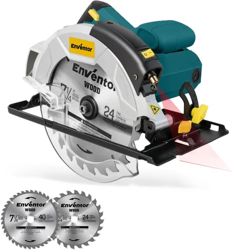 Enventor - Sierra circular de 7-1/4 pulgadas, sierras eléctricas con motor de cobre puro de 10A y guía láser, sierras de 2 hojas (40T/24T), ángulo
