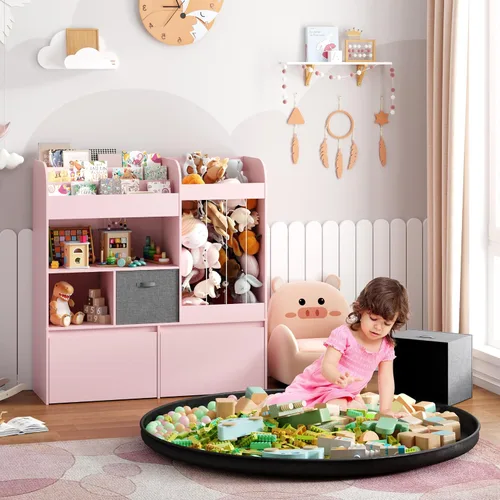 Miniatura 2 de Soporte para animales de peluche, estantería para niños con tapete de juego, almacenamiento de juguetes de madera con 2 cajones móviles y estantería