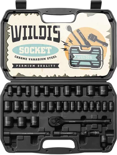 WIILDIS - Juego de llaves de impacto de 33 piezas, juego de llaves de 3/8" con trinquete reversible de 72 dientes, CR-V, 6 puntas, SAE/métrico, 5/16