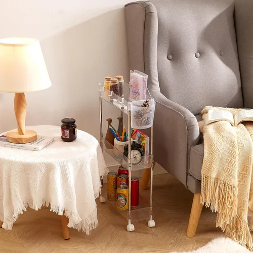 Miniatura 9 de VECELO Carrito rodante de acrílico de 3 niveles, carrito utilitario para almacenamiento de cocina, estantes móviles organizadores deslizables con 2