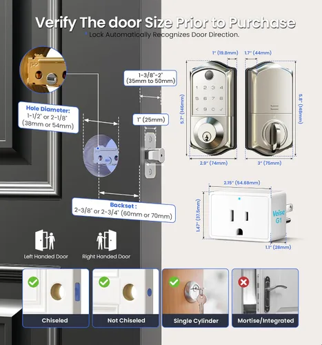 Miniatura 13 de Veise VE017G - Cerradura de puerta de entrada sin llave Wi-Fi, control remoto de aplicación y control de voz, cerraduras inteligentes de huellas