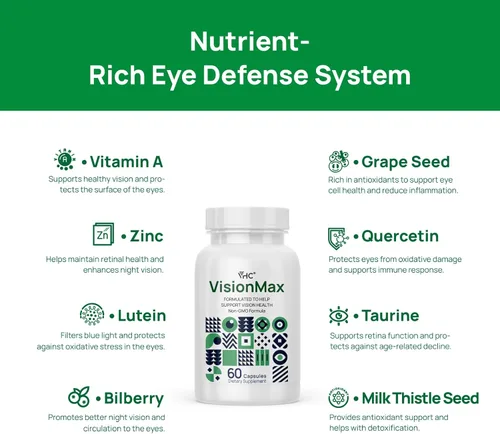 Miniatura 3 de VHC Vitaminas para los ojos con luteína, arándano y zinc, suplementos 10 en 1, resveratrol semilla de uva, quercetina, taurina, cardo mariano