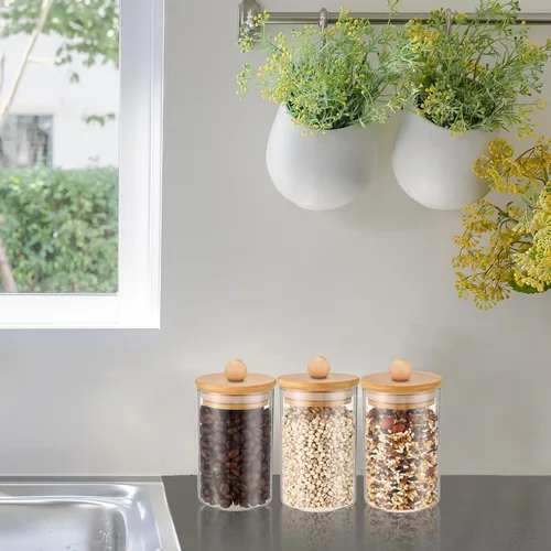 Miniatura 5 de Paquete de 6 tarros de boticario de vidrio con tapas, accesorios de baño de bambú, bolas de algodón, almohadillas para hisopos, frascos de baño