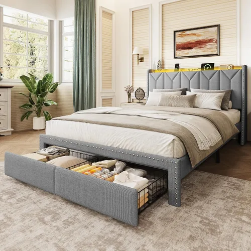 Miniatura 23 de WLIVE Base de cama tapizada de tamaño matrimonial con cabecera de ala de 48 pulgadas de alto, cama cuadrada de terciopelo con estación de carga