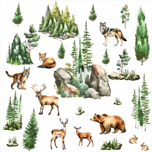 Miniatura 11 de Calcomanías de Pared de Montaña y Árbol Acuarela Calcomanías de Pared de Montaña Despegables y Adhesivas Aves Voladoras Árboles de Pino Verde